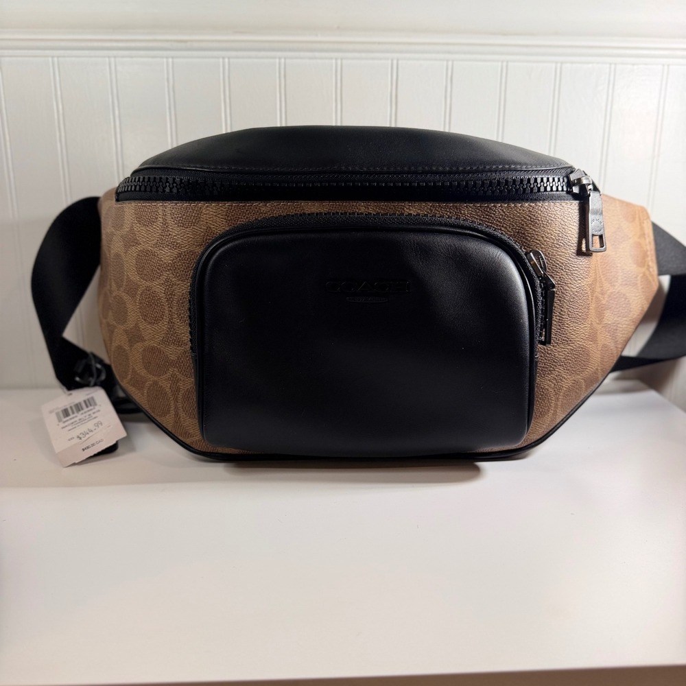 Coach CT714 Racer Belt Bag Tan Black Signature Canvas Leather Authentic NWT